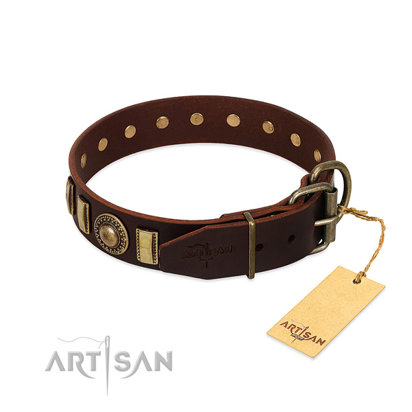 Stylish design full grain natural leather dog collar with rust-proof hardware