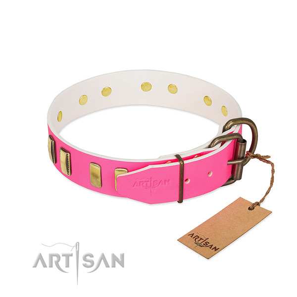Soft to touch full grain natural leather dog collar with corrosion resistant hardware