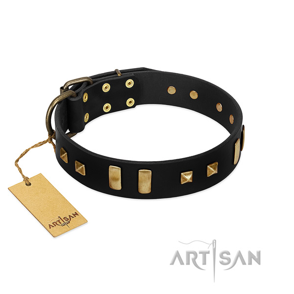 Flexible full grain genuine leather dog collar with embellishments for stylish walking