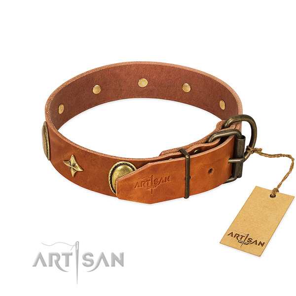 Gentle to touch genuine leather dog collar with inimitable decorations