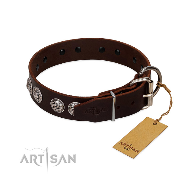 Impressive natural genuine leather collar for your dog walking in style