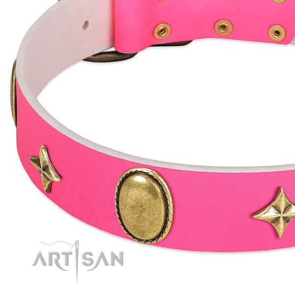 Flexible genuine leather collar with trendy decorations for your dog