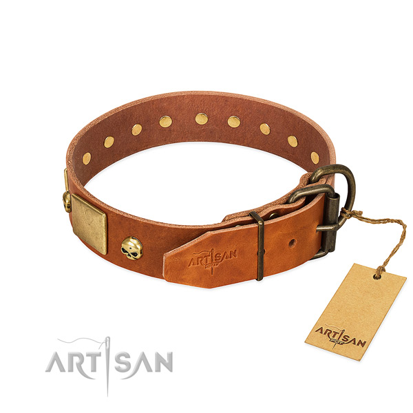 Gentle to touch full grain genuine leather dog collar with corrosion resistant embellishments
