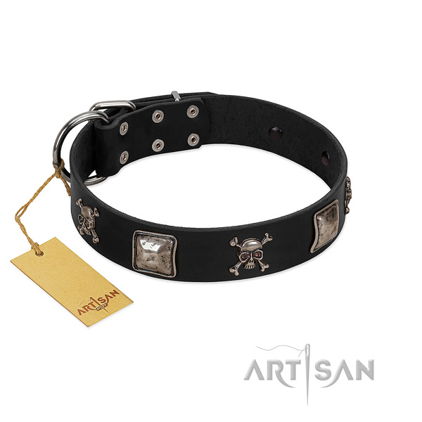 Unusual embellished full grain natural leather dog collar