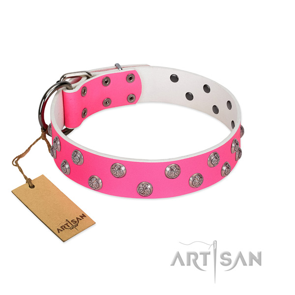 Durable D-ring on leather dog collar for stylish walking your pet