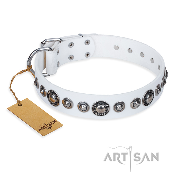 Leather dog collar made of soft material with rust resistant hardware