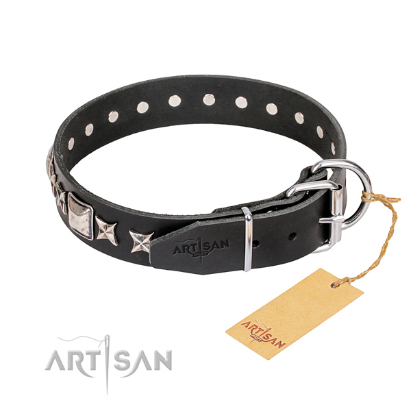 Reliable adorned dog collar of genuine leather
