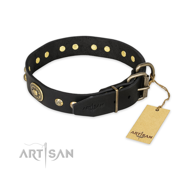 Durable traditional buckle on full grain genuine leather collar for daily walking your pet