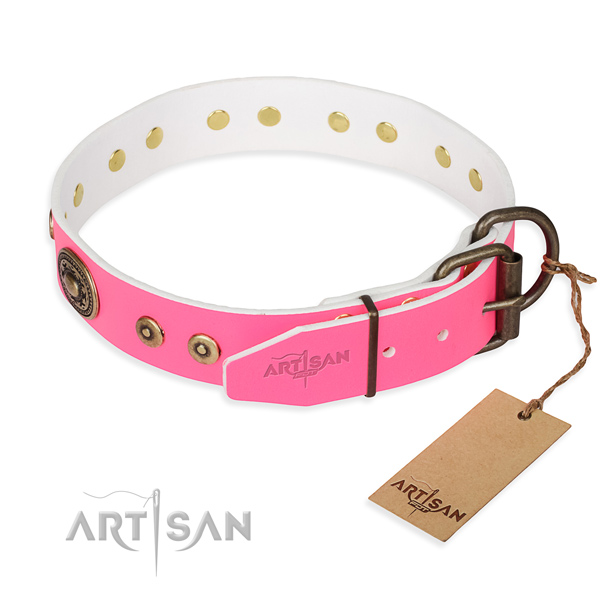 Full grain leather dog collar made of soft material with corrosion proof adornments