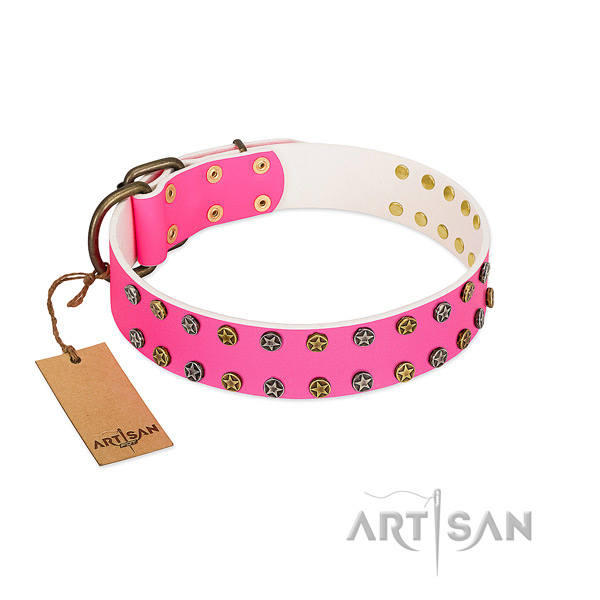 Gentle to touch full grain leather collar with decorations for your four-legged friend