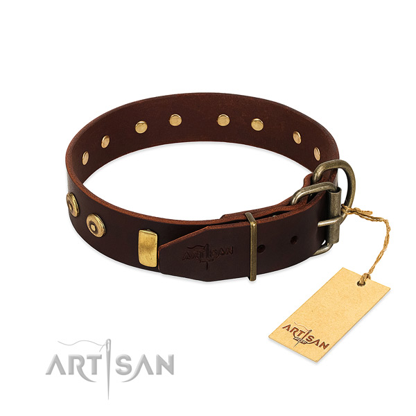 Impressive decorated full grain genuine leather dog collar of soft material