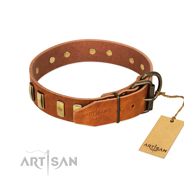 Soft full grain natural leather dog collar with durable D-ring