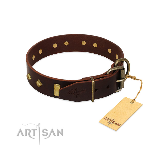 Genuine leather dog collar with rust-proof buckle for stylish walking