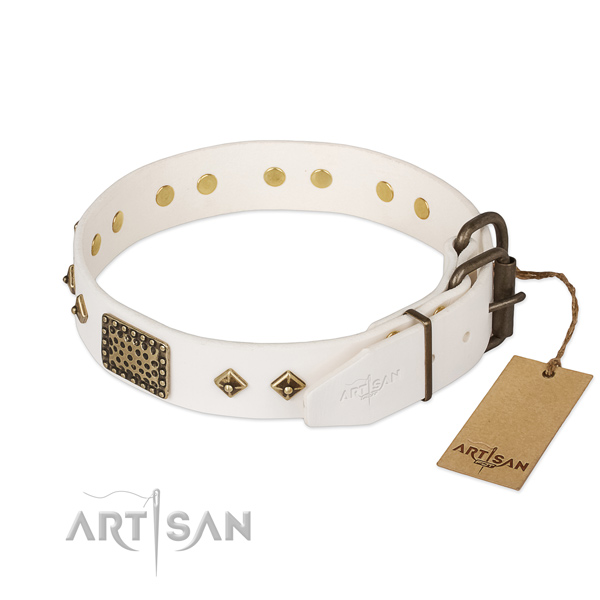 Full grain natural leather dog collar with corrosion proof hardware and decorations