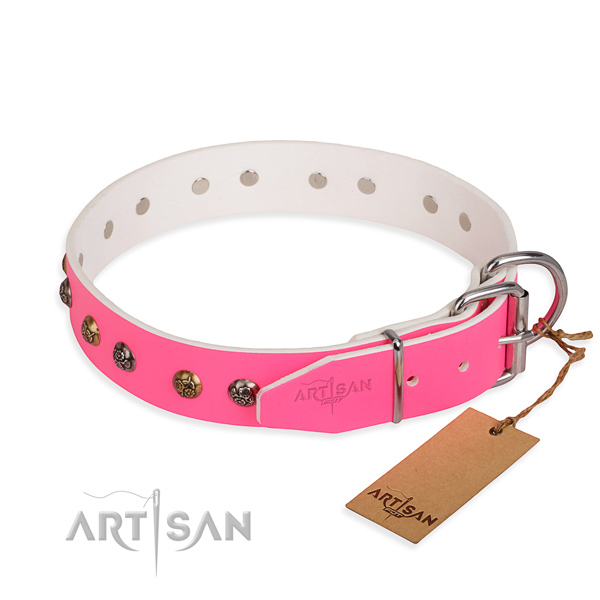 Full grain natural leather dog collar with top notch reliable decorations