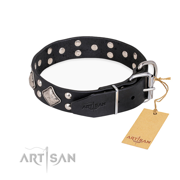 Full grain natural leather dog collar with top notch reliable decorations