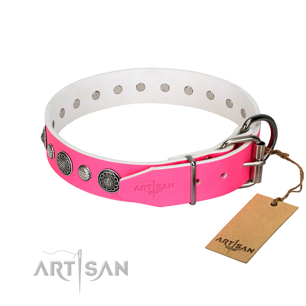 Soft to touch leather dog collar with rust-proof buckle