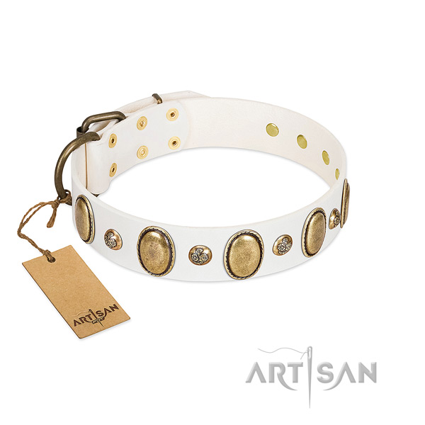 Full grain leather dog collar of top rate material with inimitable embellishments