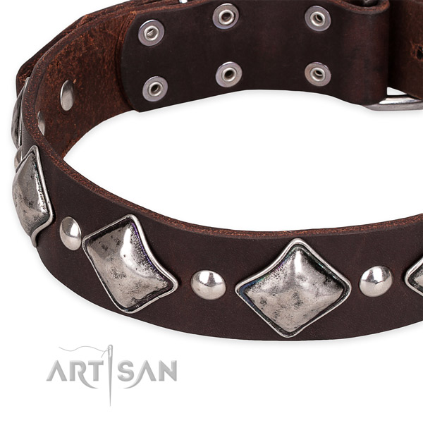 Comfortable wearing embellished dog collar of strong full grain leather