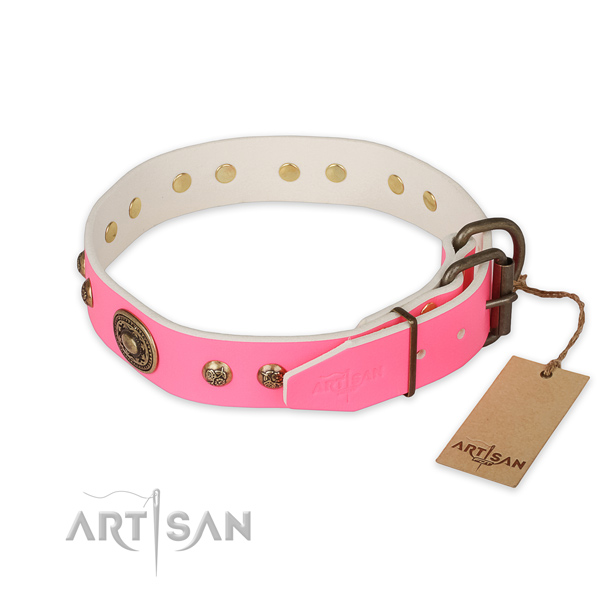 Durable fittings on natural genuine leather collar for fancy walking your canine