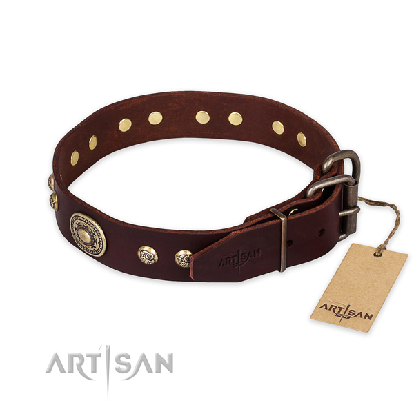 Rust-proof D-ring on full grain natural leather collar for daily walking your canine