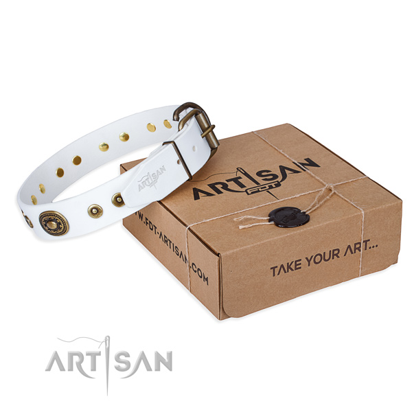 Full grain genuine leather dog collar made of soft to touch material with strong hardware