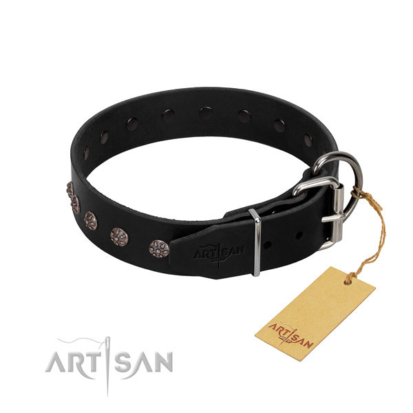 Soft full grain natural leather dog collar with adornments for your pet