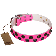 "Glamour Finery" FDT Artisan Female dog collar of natural leather with stylish old-looking circles