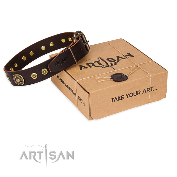 Full grain leather dog collar made of reliable material with strong D-ring