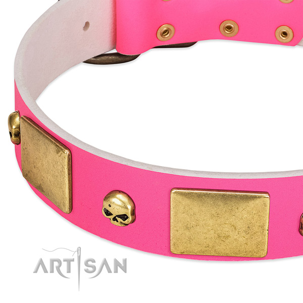 Soft natural leather collar with corrosion proof adornments for your pet