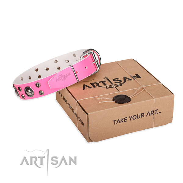 Easy wearing dog collar of durable natural leather with decorations