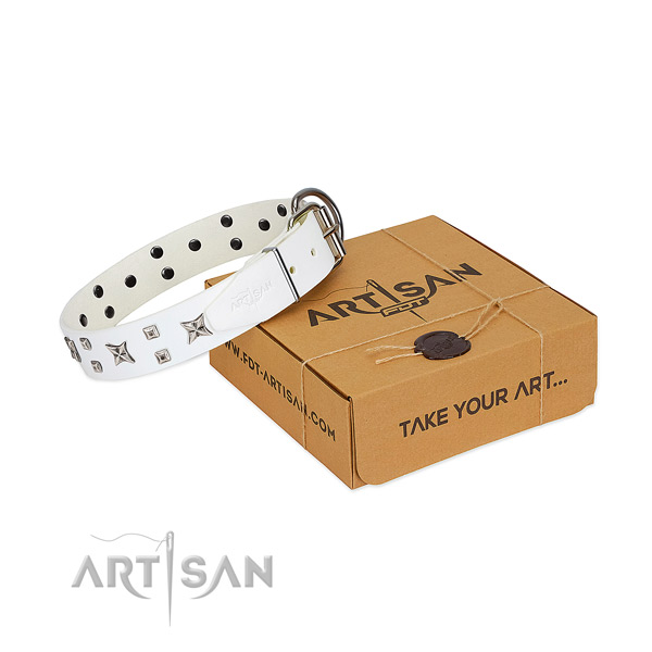 Leather dog collar with trendy adornments for handy use