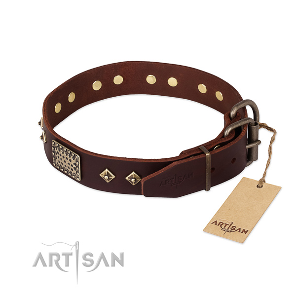 Full grain natural leather dog collar with corrosion proof buckle and decorations