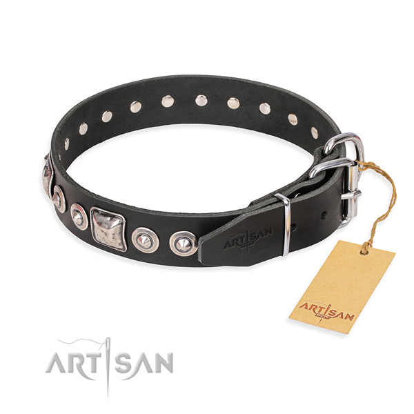 Full grain genuine leather dog collar made of quality material with strong embellishments