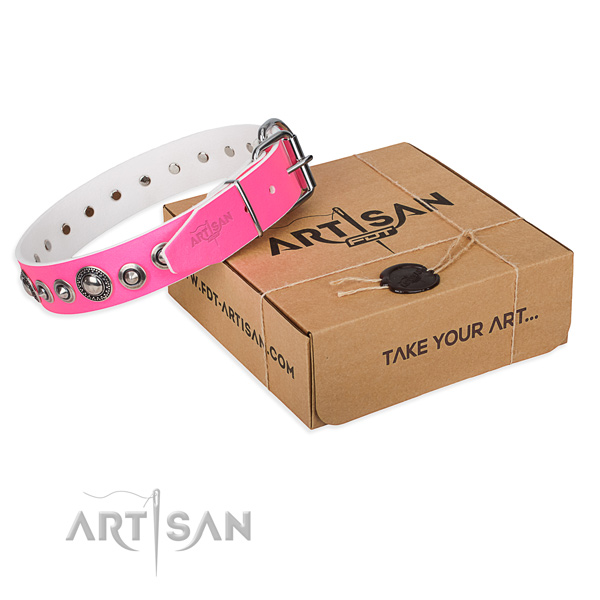 Full grain leather dog collar made of soft material with corrosion proof hardware