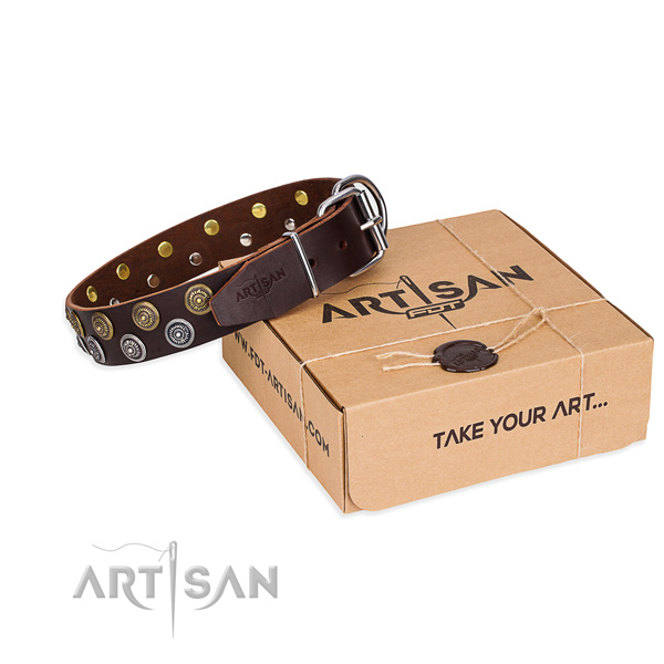 Handy use dog collar of fine quality genuine leather with studs