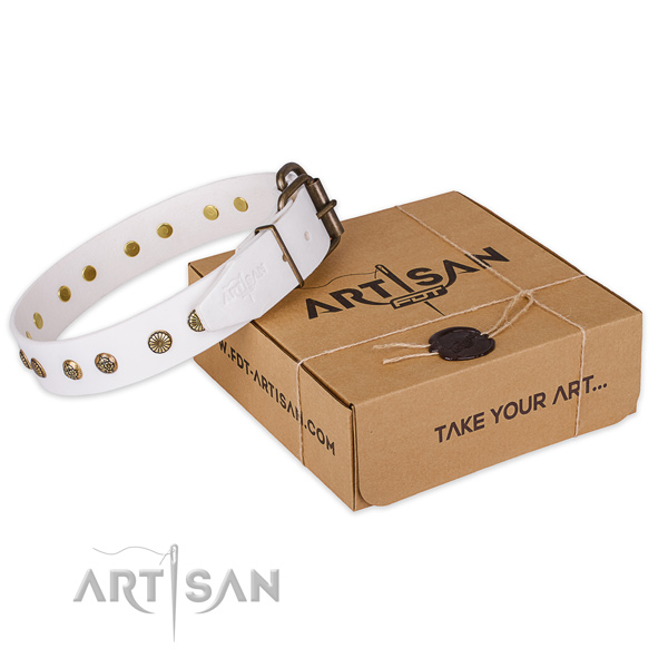 Strong traditional buckle on full grain natural leather collar for your lovely canine