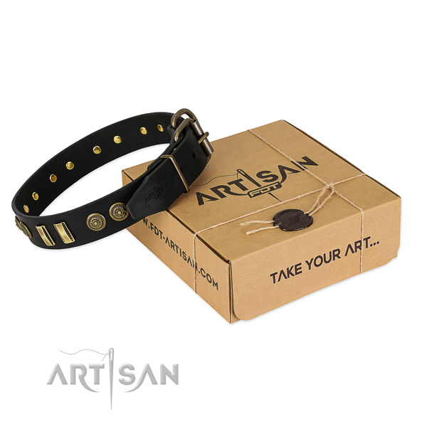 Rust-proof traditional buckle on full grain leather dog collar for your canine