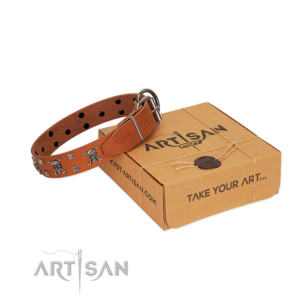 Durable full grain natural leather dog collar with rust-proof hardware