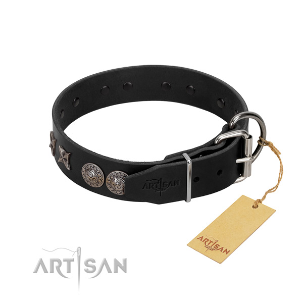 Basic training dog collar of natural leather with fashionable adornments