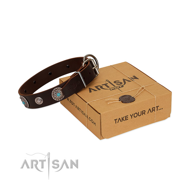 Daily use gentle to touch genuine leather dog collar with decorations