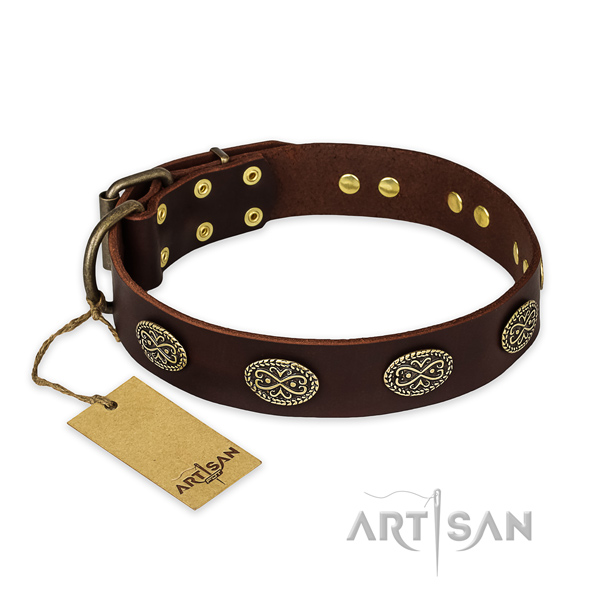 Adorned natural genuine leather dog collar with rust resistant hardware