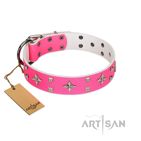 Easy to adjust genuine leather dog collar with durable buckle