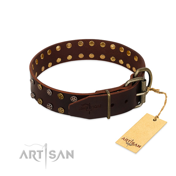 Fancy walking full grain genuine leather dog collar with extraordinary decorations