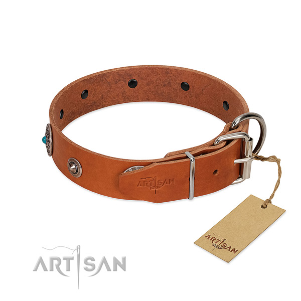 Stylish design decorated natural leather dog collar