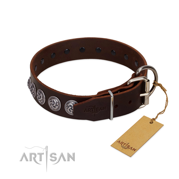 Corrosion proof fittings on stylish genuine leather dog collar