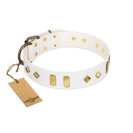 "Hella Cool" FDT Artisan White Leather dog Collar Adorned with Plates and Rhombs