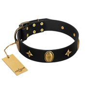 "Star Powder" FDT Artisan Black Leather dog Collar with Ovals and Stars - 1 1/2 inch Wide