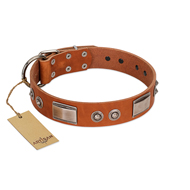 "Pawsy Glossy" FDT Artisan Exclusive Tan Leather dog Collar 1 1/2 inch (40 mm) wide