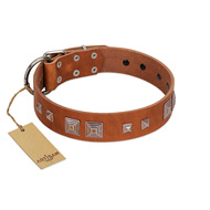 "Egyptian Gifts" Handmade FDT Artisan Tan Leather dog Collar with Chrome-plated Pyramids